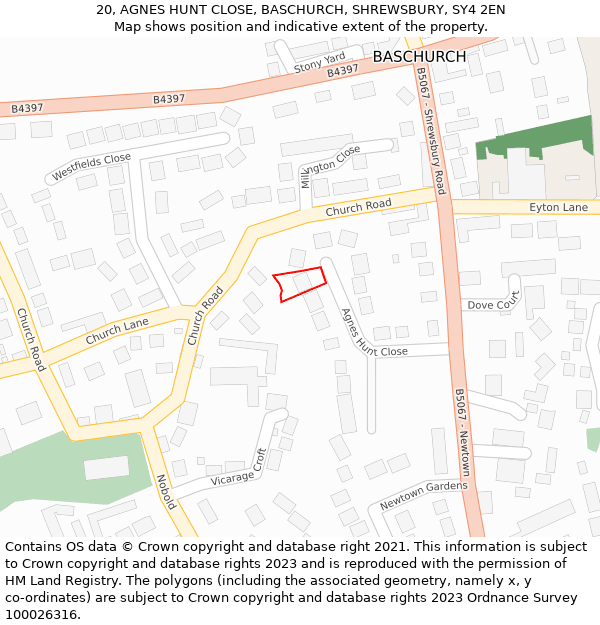 20, AGNES HUNT CLOSE, BASCHURCH, SHREWSBURY, SY4 2EN: Location map and indicative extent of plot