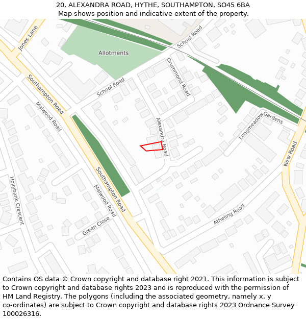 20, ALEXANDRA ROAD, HYTHE, SOUTHAMPTON, SO45 6BA: Location map and indicative extent of plot