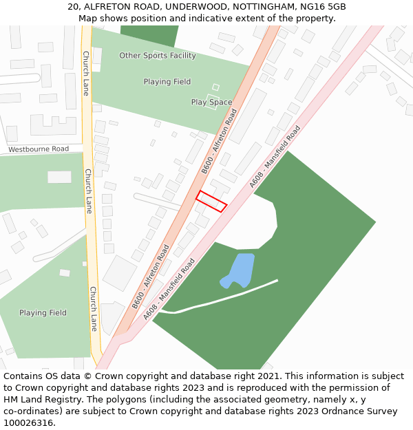 20, ALFRETON ROAD, UNDERWOOD, NOTTINGHAM, NG16 5GB: Location map and indicative extent of plot