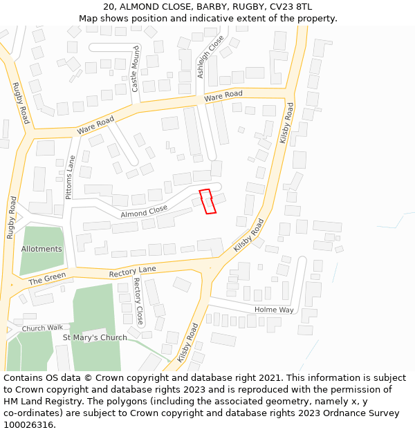 20, ALMOND CLOSE, BARBY, RUGBY, CV23 8TL: Location map and indicative extent of plot