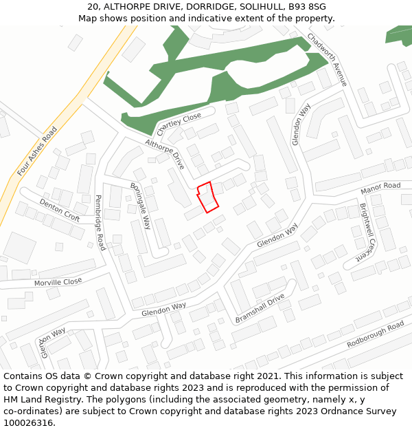 20, ALTHORPE DRIVE, DORRIDGE, SOLIHULL, B93 8SG: Location map and indicative extent of plot