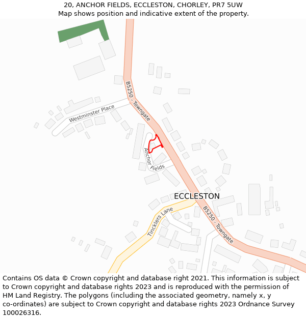 20, ANCHOR FIELDS, ECCLESTON, CHORLEY, PR7 5UW: Location map and indicative extent of plot