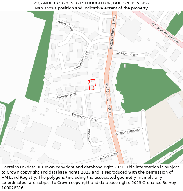 20, ANDERBY WALK, WESTHOUGHTON, BOLTON, BL5 3BW: Location map and indicative extent of plot