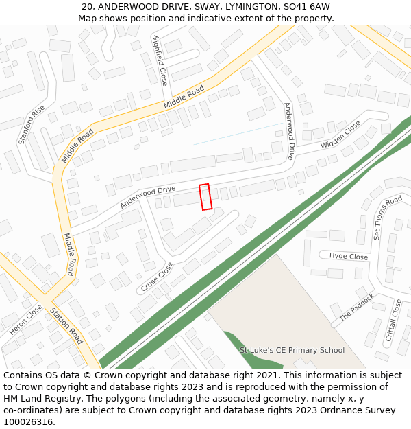 20, ANDERWOOD DRIVE, SWAY, LYMINGTON, SO41 6AW: Location map and indicative extent of plot