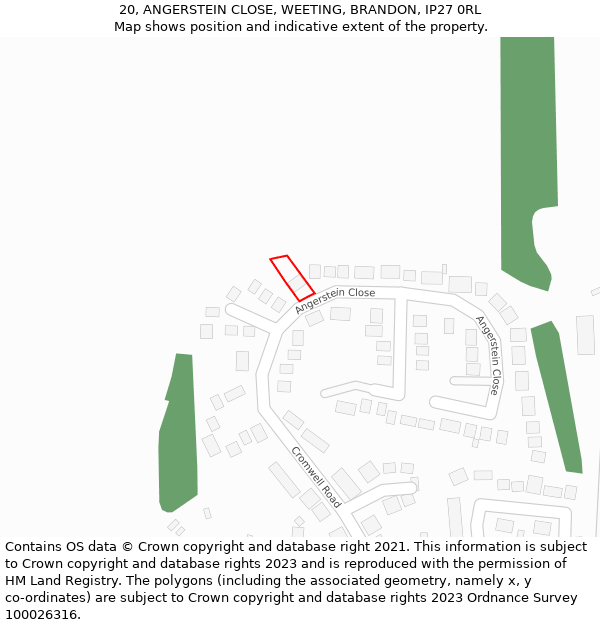 20, ANGERSTEIN CLOSE, WEETING, BRANDON, IP27 0RL: Location map and indicative extent of plot