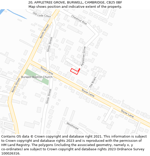 20, APPLETREE GROVE, BURWELL, CAMBRIDGE, CB25 0BF: Location map and indicative extent of plot