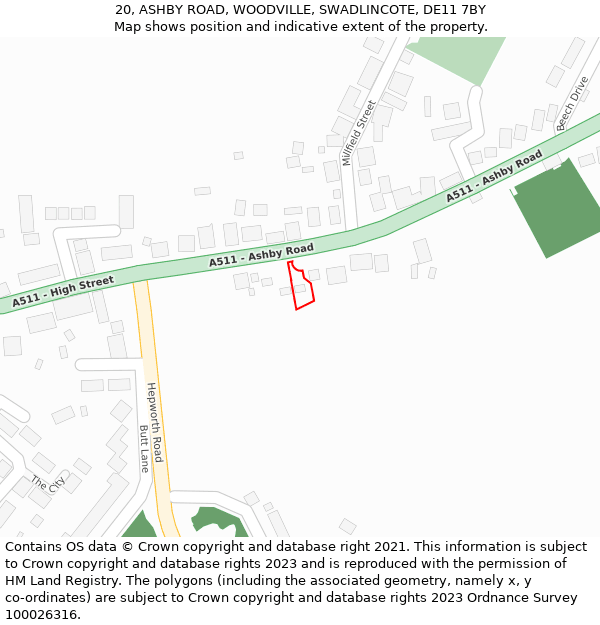 20, ASHBY ROAD, WOODVILLE, SWADLINCOTE, DE11 7BY: Location map and indicative extent of plot