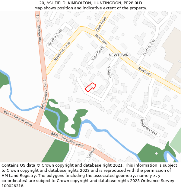 20, ASHFIELD, KIMBOLTON, HUNTINGDON, PE28 0LD: Location map and indicative extent of plot
