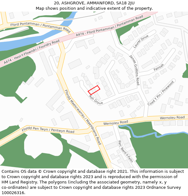 20, ASHGROVE, AMMANFORD, SA18 2JU: Location map and indicative extent of plot