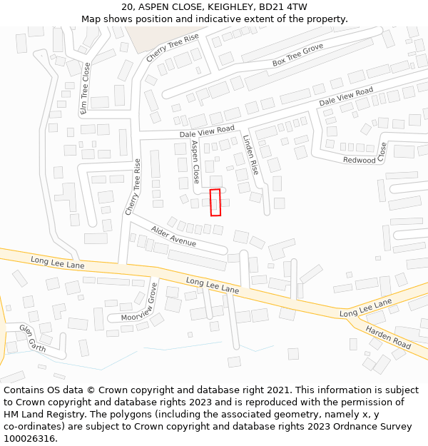 20, ASPEN CLOSE, KEIGHLEY, BD21 4TW: Location map and indicative extent of plot