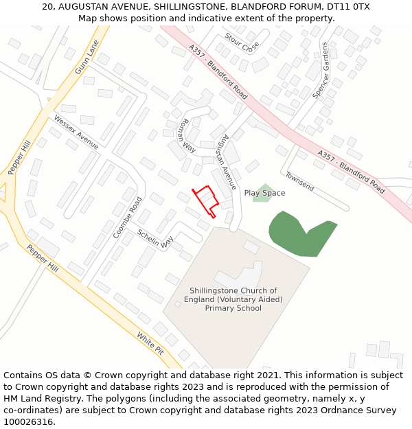 20, AUGUSTAN AVENUE, SHILLINGSTONE, BLANDFORD FORUM, DT11 0TX: Location map and indicative extent of plot