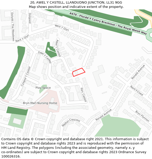 20, AWEL Y CASTELL, LLANDUDNO JUNCTION, LL31 9GG: Location map and indicative extent of plot