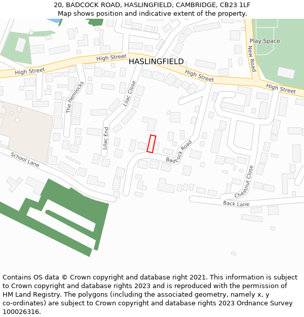 20, BADCOCK ROAD, HASLINGFIELD, CAMBRIDGE, CB23 1LF: Location map and indicative extent of plot