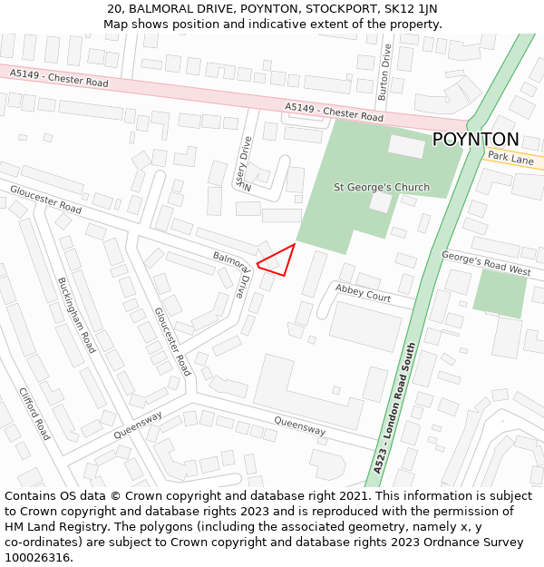 20, BALMORAL DRIVE, POYNTON, STOCKPORT, SK12 1JN: Location map and indicative extent of plot