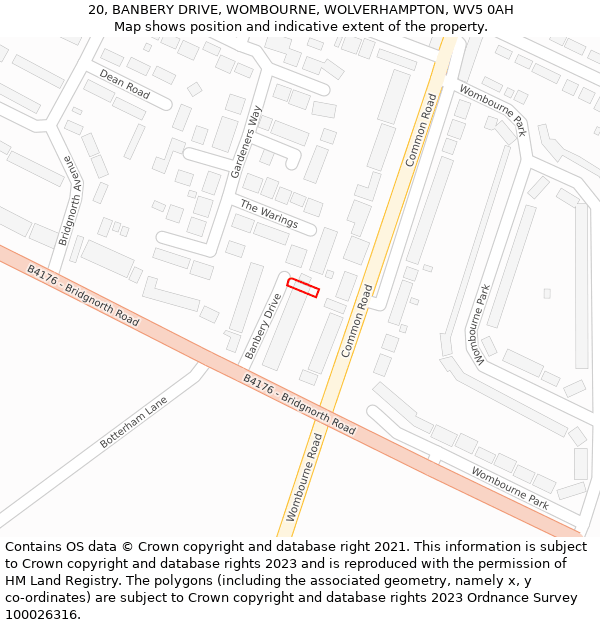 20, BANBERY DRIVE, WOMBOURNE, WOLVERHAMPTON, WV5 0AH: Location map and indicative extent of plot