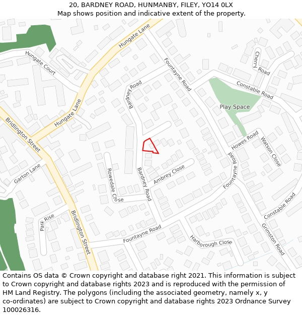 20, BARDNEY ROAD, HUNMANBY, FILEY, YO14 0LX: Location map and indicative extent of plot