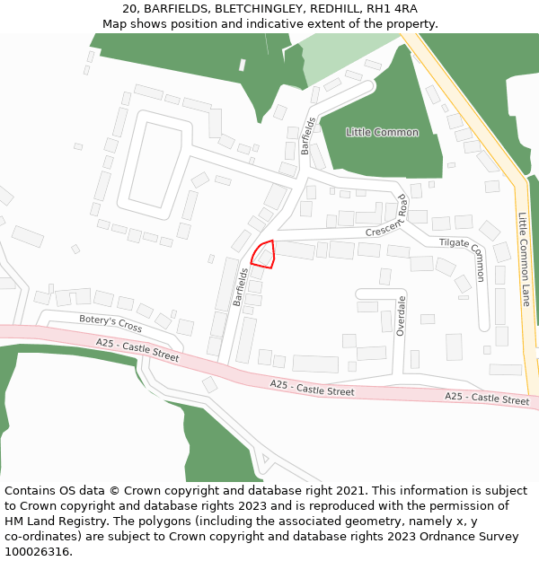 20, BARFIELDS, BLETCHINGLEY, REDHILL, RH1 4RA: Location map and indicative extent of plot