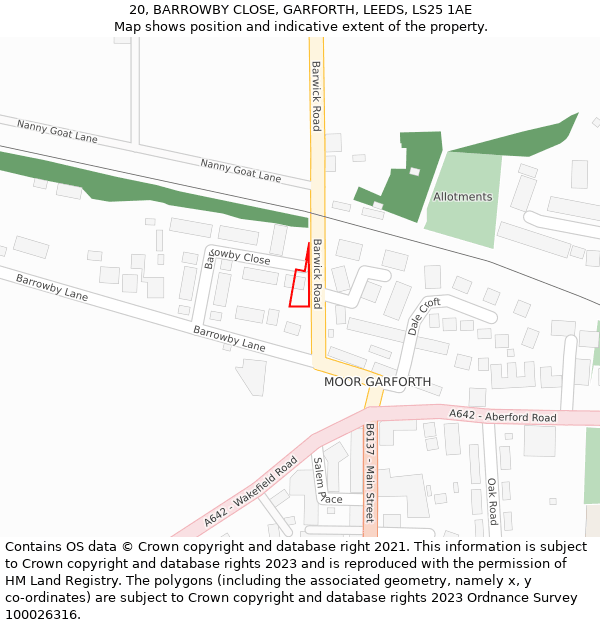 20, BARROWBY CLOSE, GARFORTH, LEEDS, LS25 1AE: Location map and indicative extent of plot