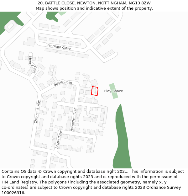 20, BATTLE CLOSE, NEWTON, NOTTINGHAM, NG13 8ZW: Location map and indicative extent of plot