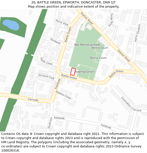 20, BATTLE GREEN, EPWORTH, DONCASTER, DN9 1JT: Location map and indicative extent of plot