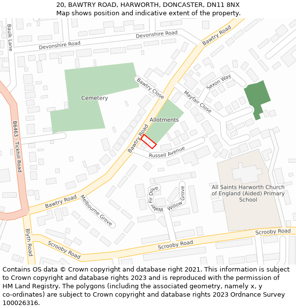 20, BAWTRY ROAD, HARWORTH, DONCASTER, DN11 8NX: Location map and indicative extent of plot
