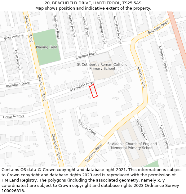 20, BEACHFIELD DRIVE, HARTLEPOOL, TS25 5AS: Location map and indicative extent of plot