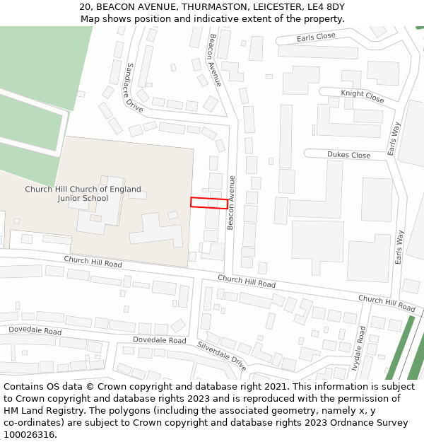 20, BEACON AVENUE, THURMASTON, LEICESTER, LE4 8DY: Location map and indicative extent of plot