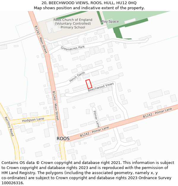 20, BEECHWOOD VIEWS, ROOS, HULL, HU12 0HQ: Location map and indicative extent of plot