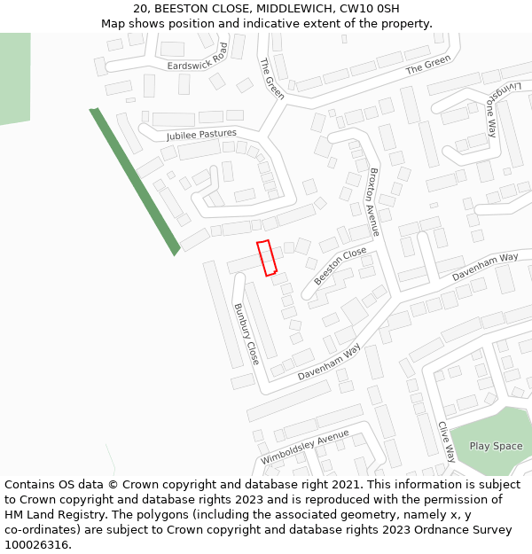 20, BEESTON CLOSE, MIDDLEWICH, CW10 0SH: Location map and indicative extent of plot