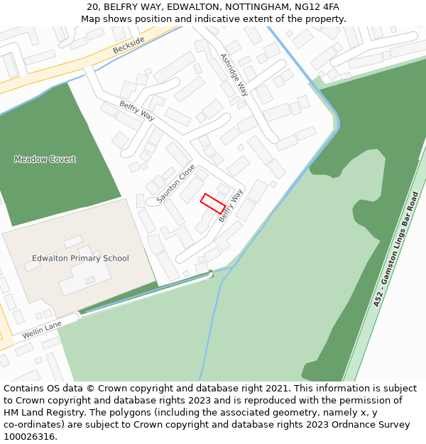 20, BELFRY WAY, EDWALTON, NOTTINGHAM, NG12 4FA: Location map and indicative extent of plot