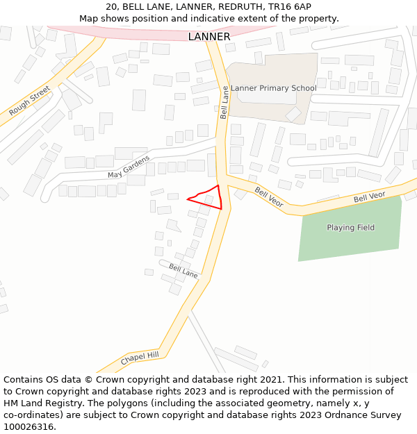 20, BELL LANE, LANNER, REDRUTH, TR16 6AP: Location map and indicative extent of plot