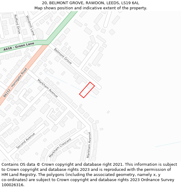 20, BELMONT GROVE, RAWDON, LEEDS, LS19 6AL: Location map and indicative extent of plot