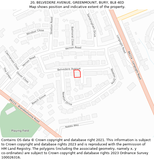 20, BELVEDERE AVENUE, GREENMOUNT, BURY, BL8 4ED: Location map and indicative extent of plot