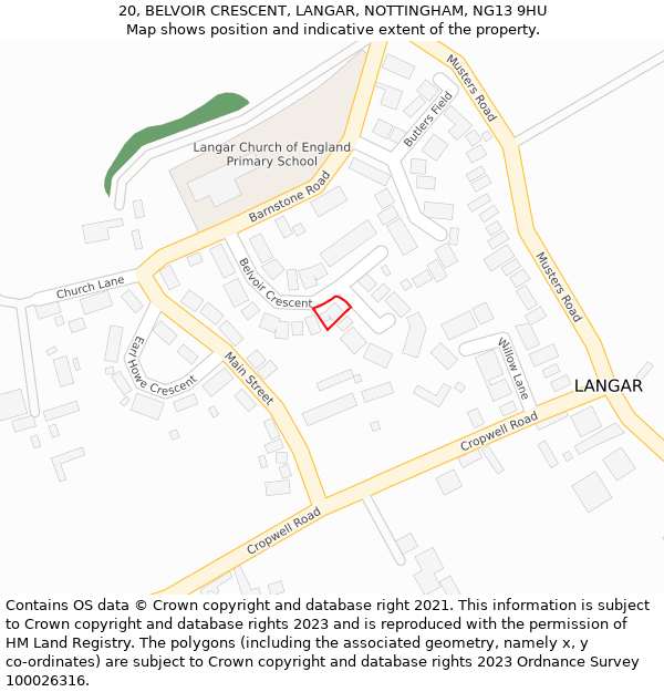 20, BELVOIR CRESCENT, LANGAR, NOTTINGHAM, NG13 9HU: Location map and indicative extent of plot