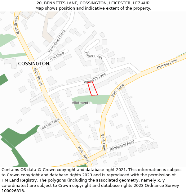 20, BENNETTS LANE, COSSINGTON, LEICESTER, LE7 4UP: Location map and indicative extent of plot