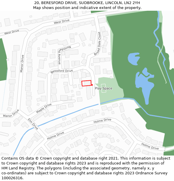 20, BERESFORD DRIVE, SUDBROOKE, LINCOLN, LN2 2YH: Location map and indicative extent of plot