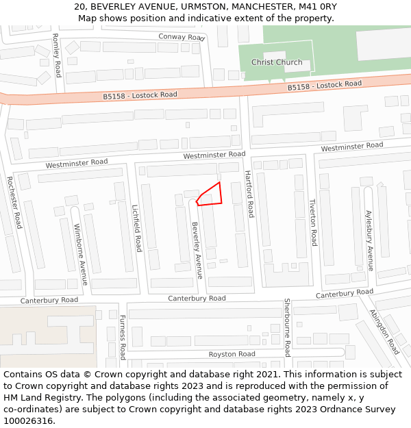 20, BEVERLEY AVENUE, URMSTON, MANCHESTER, M41 0RY: Location map and indicative extent of plot