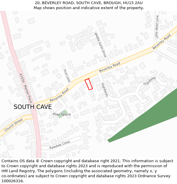 20, BEVERLEY ROAD, SOUTH CAVE, BROUGH, HU15 2AU: Location map and indicative extent of plot