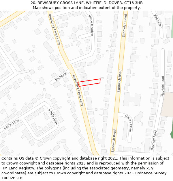 20, BEWSBURY CROSS LANE, WHITFIELD, DOVER, CT16 3HB: Location map and indicative extent of plot