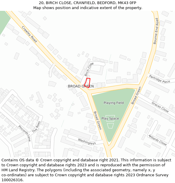 20, BIRCH CLOSE, CRANFIELD, BEDFORD, MK43 0FP: Location map and indicative extent of plot