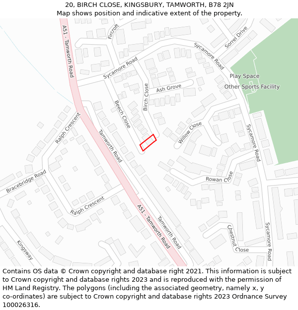 20, BIRCH CLOSE, KINGSBURY, TAMWORTH, B78 2JN: Location map and indicative extent of plot