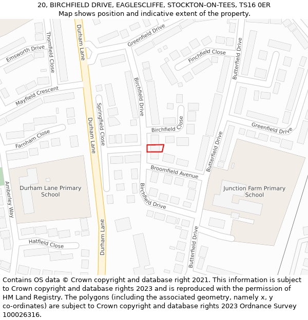 20, BIRCHFIELD DRIVE, EAGLESCLIFFE, STOCKTON-ON-TEES, TS16 0ER: Location map and indicative extent of plot