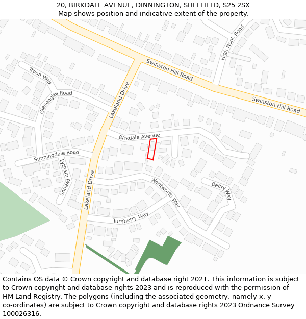 20, BIRKDALE AVENUE, DINNINGTON, SHEFFIELD, S25 2SX: Location map and indicative extent of plot