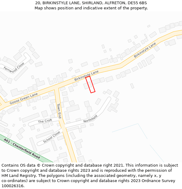 20, BIRKINSTYLE LANE, SHIRLAND, ALFRETON, DE55 6BS: Location map and indicative extent of plot