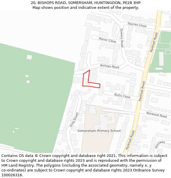 20, BISHOPS ROAD, SOMERSHAM, HUNTINGDON, PE28 3HP: Location map and indicative extent of plot