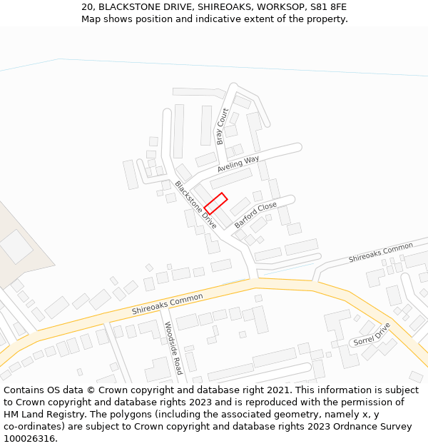 20, BLACKSTONE DRIVE, SHIREOAKS, WORKSOP, S81 8FE: Location map and indicative extent of plot