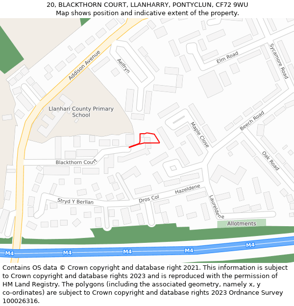 20, BLACKTHORN COURT, LLANHARRY, PONTYCLUN, CF72 9WU: Location map and indicative extent of plot