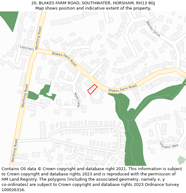 20, BLAKES FARM ROAD, SOUTHWATER, HORSHAM, RH13 9GJ: Location map and indicative extent of plot