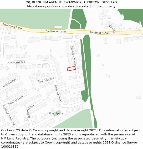 20, BLENHEIM AVENUE, SWANWICK, ALFRETON, DE55 1PQ: Location map and indicative extent of plot