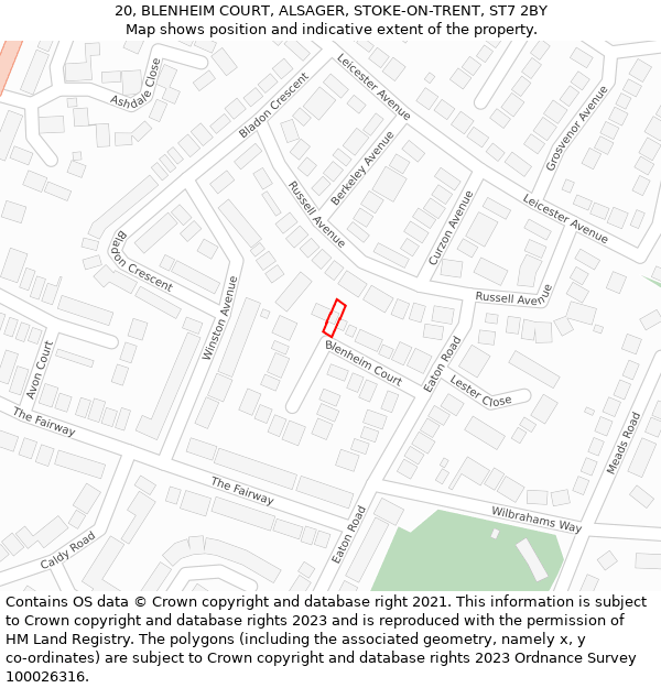 20, BLENHEIM COURT, ALSAGER, STOKE-ON-TRENT, ST7 2BY: Location map and indicative extent of plot